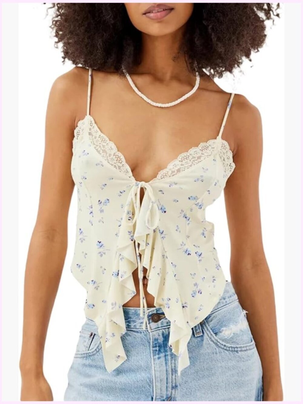Sleeveless Lace Trim Tie Up Crop Top Camisole Summer Tank